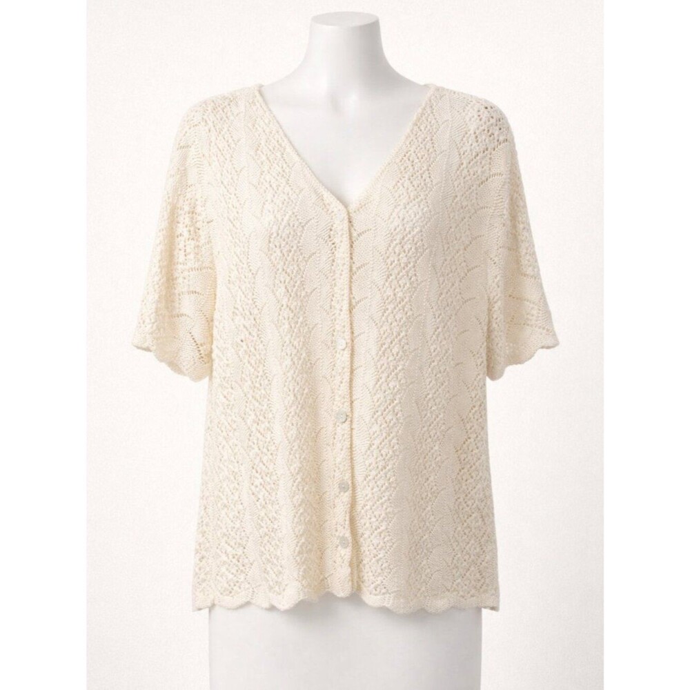 A Sweater Tale Cream Crochet Button Down Sweater XL Cotton V-Neck